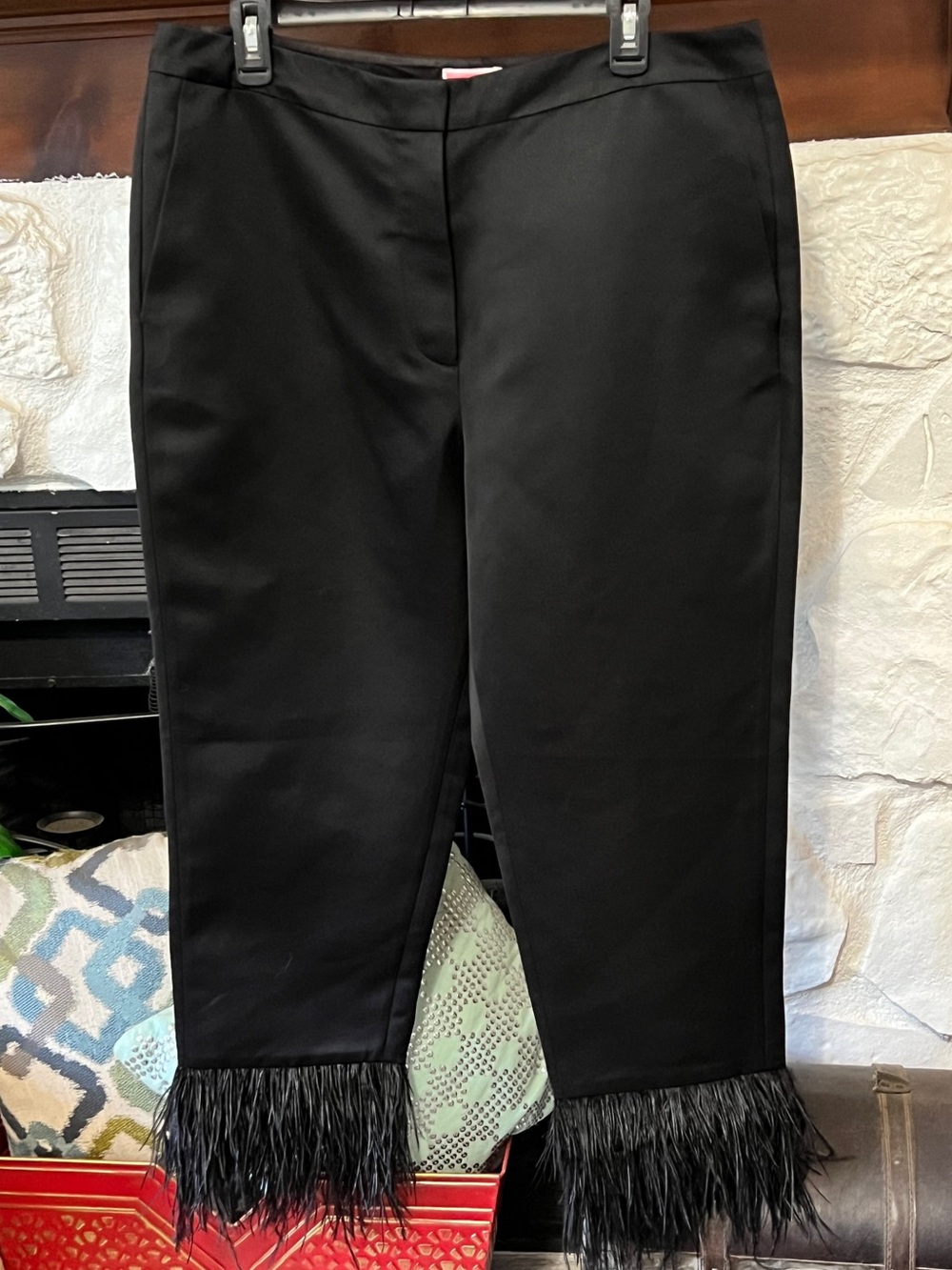 Kate Spade Tech Satin Feather-Trim Pants Black Cropped Pants Women’s Size 14 - Picture 2 of 12
